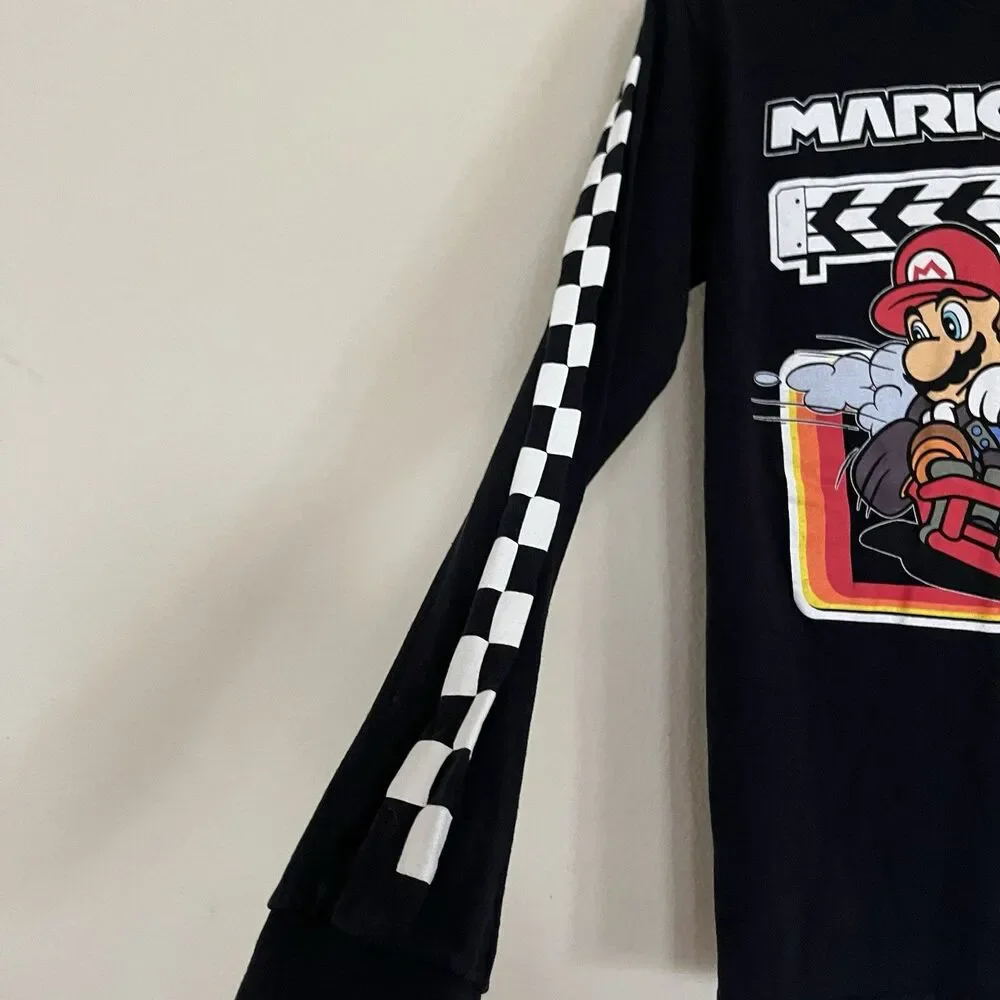 Mario Kart  Mens Long Sleeve Crew Neck Black Checkered Sleeve T Shirt SZ S - Picture 3 of 6